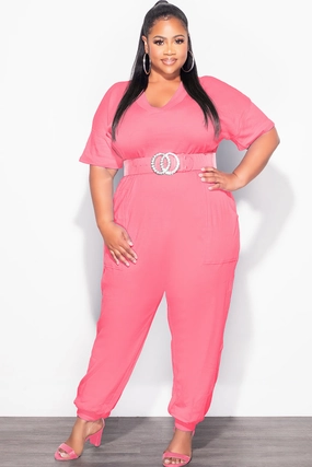 Final Sale Plus Size Harem Jumpsuit in Pink Durable Hem Laser Cut Edges