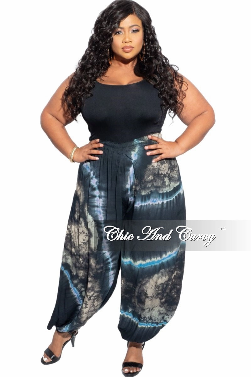 Rayon drape Light Shape Final Sale Plus Size Harem Pants in Blue Tie Dye Print