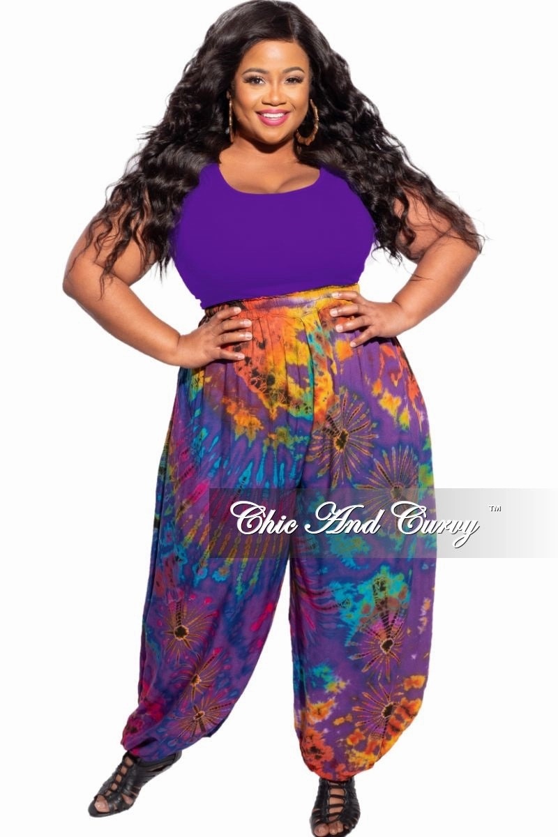 Flexibility Built-In Final Sale Plus Size Harem Pants in Purple/Orange Tie Dye