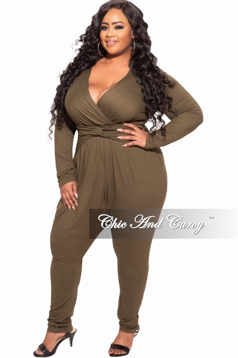 SoftCottonBlend Final Sale Plus Size Harem Twist Front Jumpsuit in Olive