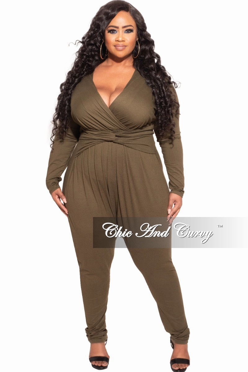 Final Sale Plus Size Harem Twist Front Jumpsuit in Olive Chic Fit