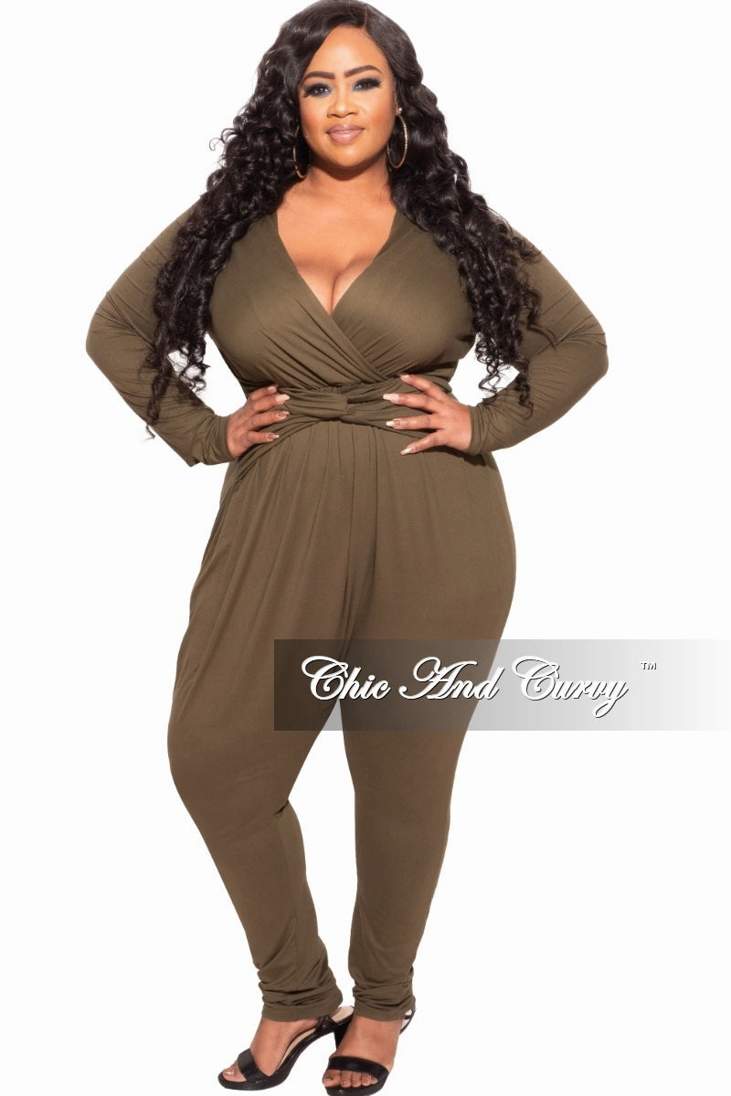 Sporty Style Breath Friendly Final Sale Plus Size Harem Twist Front Jumpsuit in Olive