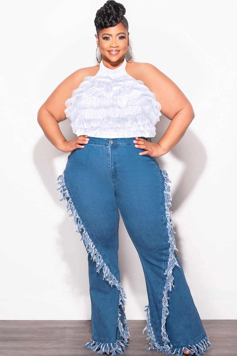 Final Sale Plus Size High Waist Fringe Trim Denim Jeans in Denim Flexibility Built-In