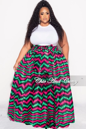 Effortless Style Final Sale Plus Size High Waist Maxi Skirt with Tie in Fuchsia Green and Navy Zig Zag Print