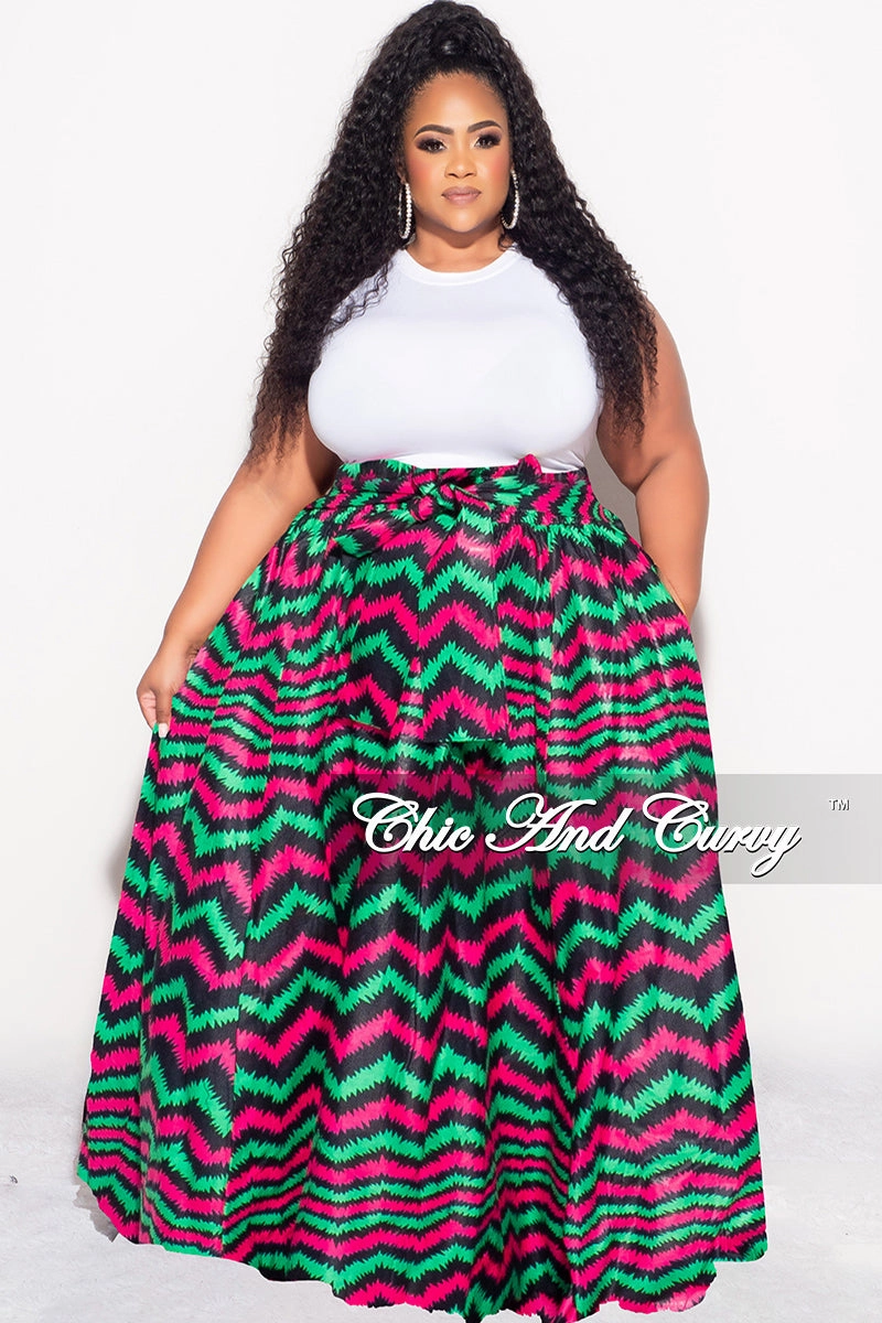 Effortless Style Final Sale Plus Size High Waist Maxi Skirt with Tie in Fuchsia Green and Navy Zig Zag Print