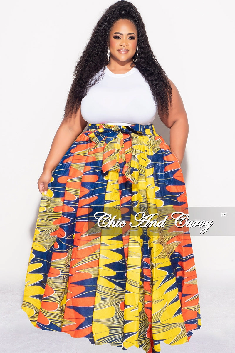 Final Sale Plus Size High Waist Maxi Skirt with Tie in Royal Blue Orang and Yellow Design Print Comfortable Design ReinforcedStitching