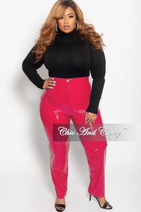 Core Flex Sport Friendly Final Sale Plus Size High Waist Patent Leather Pants with Front Gold Button in Hot Pink