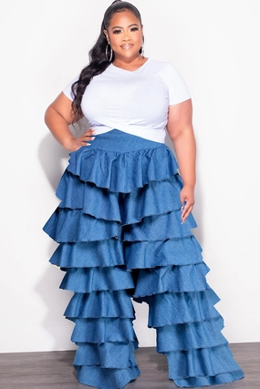 Final Sale Plus Size High Waist Ruffle Pants Chambray in Dark Denim Color Performance Support Essential Wearable