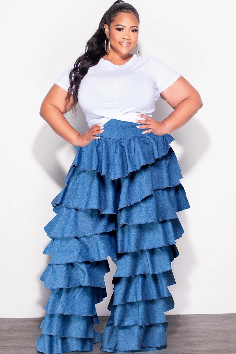 Stretchable Wear Versatile Look Final Sale Plus Size High Waist Ruffle Pants Chambray in Dark Denim Color