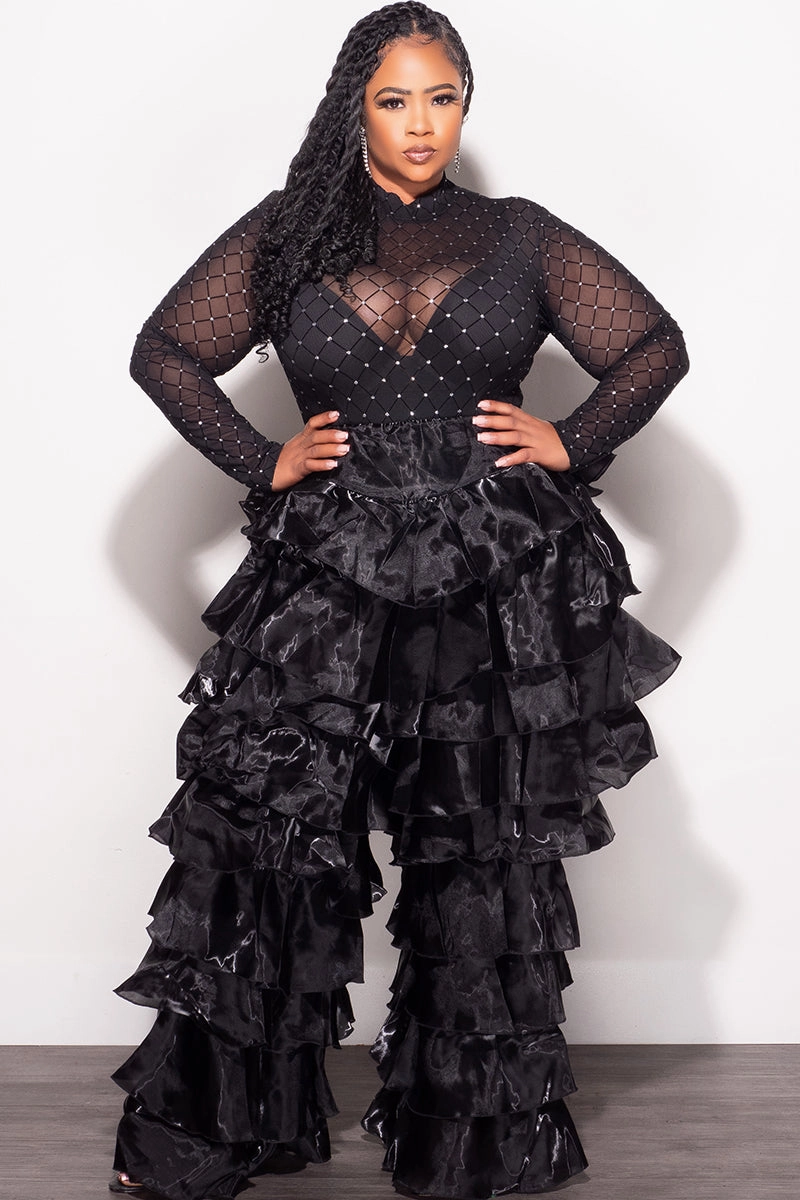 Final Sale Plus Size High Waist Ruffle Pants in Black DoubleLayeredHem