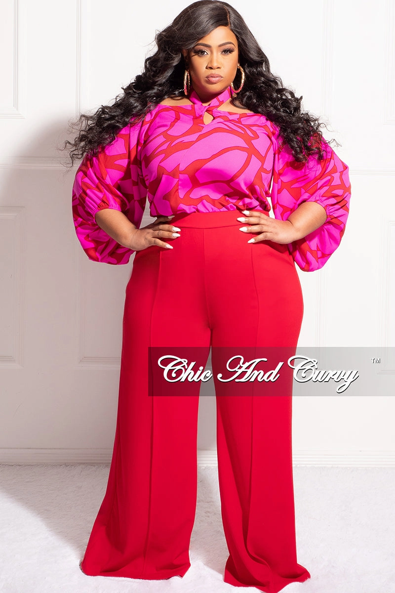 Final Sale Plus Size High-Waist Wide Leg Pants in Red Flexible Gusset Design