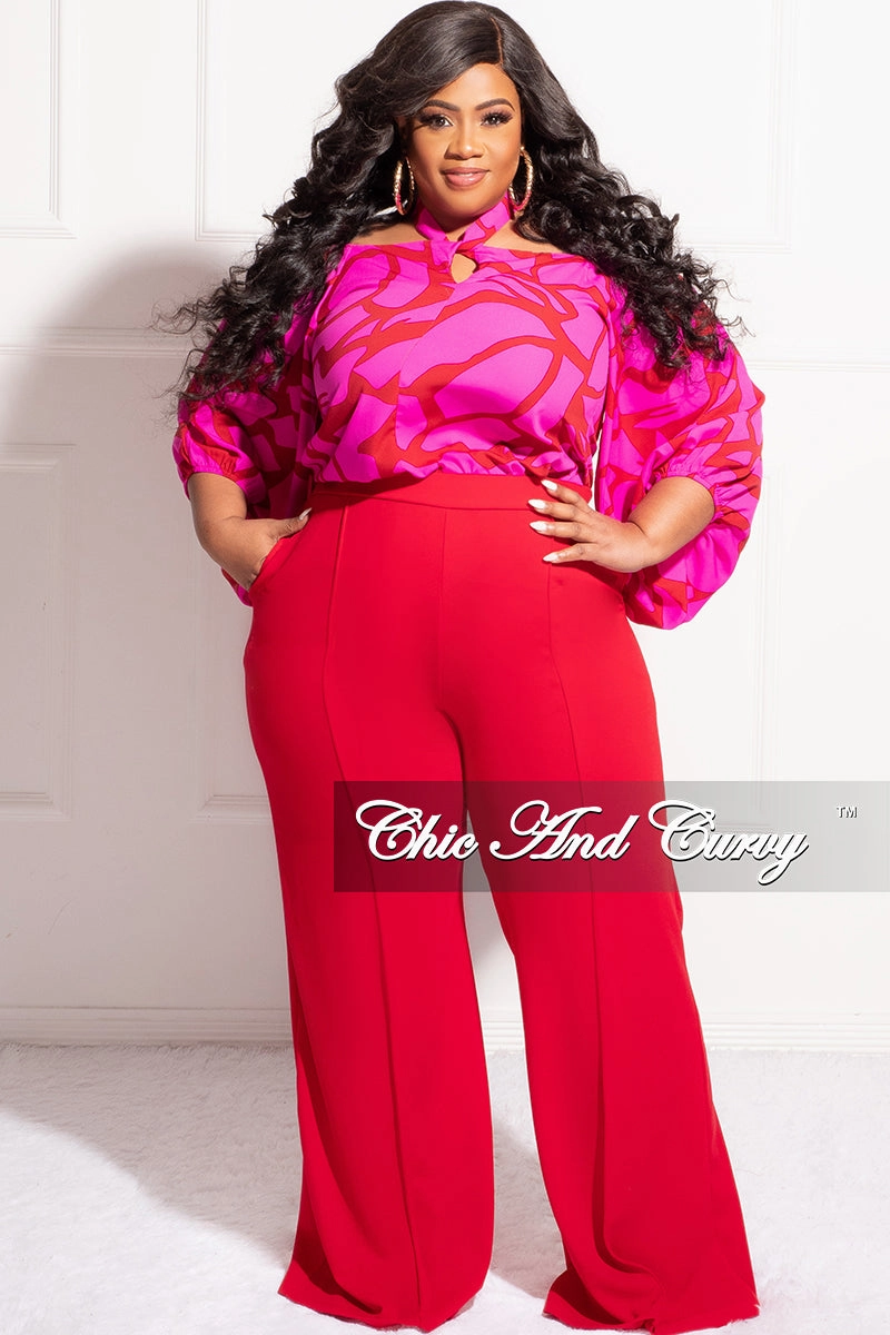 AntiSlipWaistband Final Sale Plus Size High-Waist Wide Leg Pants in Red