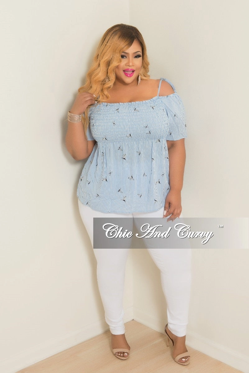 Final Sale Plus Size Hummingbird Stripe Printed Cold Shoulder Top in Powder Blue and White Cozy Touch