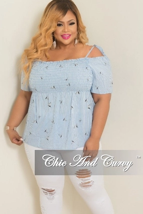 Chic Vibe Final Sale Plus Size Hummingbird Stripe Printed Cold Shoulder Top in Powder Blue and White