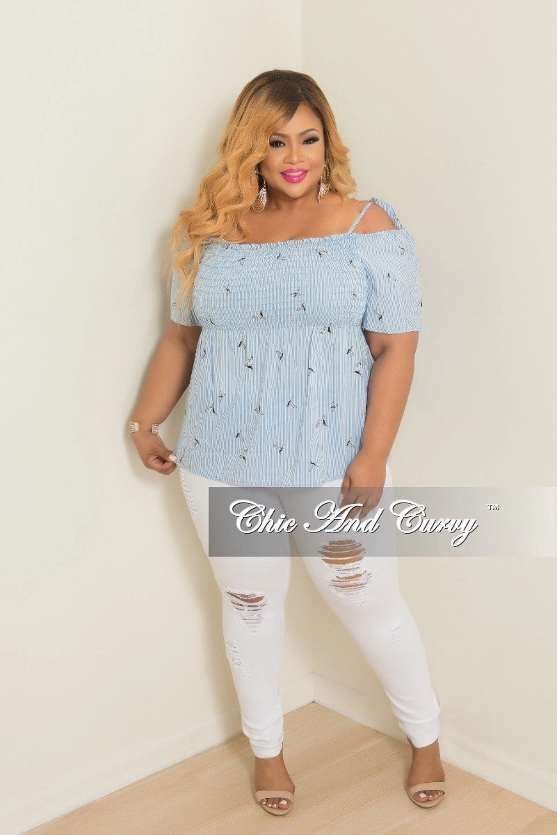 Final Sale Plus Size Hummingbird Stripe Printed Cold Shoulder Top in Powder Blue and White Weather Ready Airy Feel