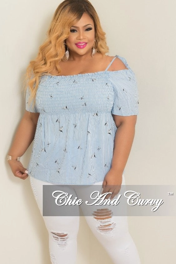 Chic Vibe Final Sale Plus Size Hummingbird Stripe Printed Cold Shoulder Top in Powder Blue and White