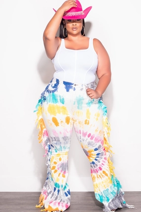 Final Sale Plus Size Jean with Fringe Trim in Multi Color Tie Dye Print stain resistant coating DoubleLayeredHem