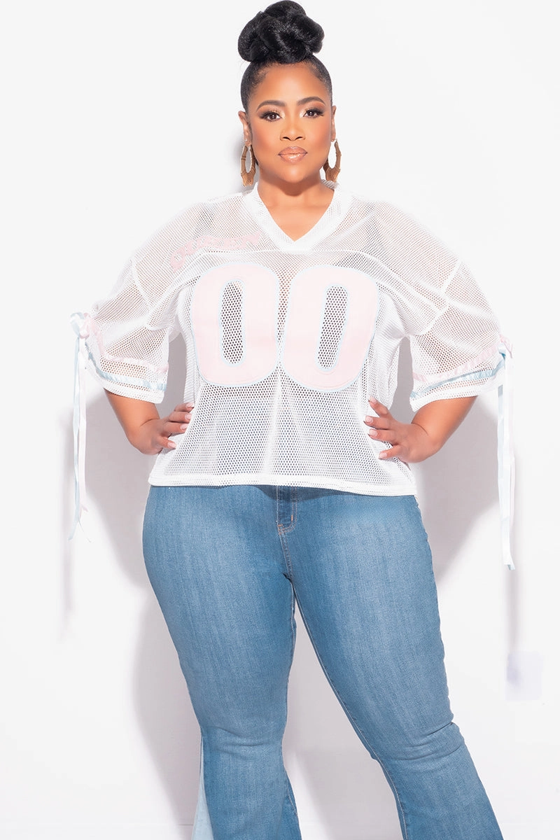 Odor Control Technology Eco Dye Process Final Sale Plus Size Jersey Top in White, Pink & Light Blue