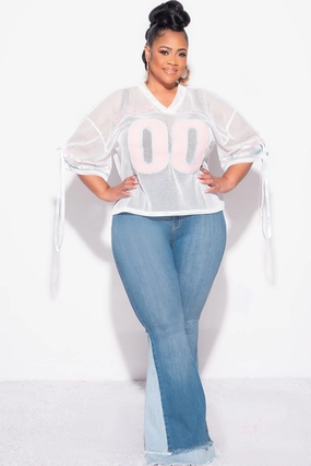 Final Sale Plus Size Jersey Top in White, Pink & Light Blue Non Irritating Seams