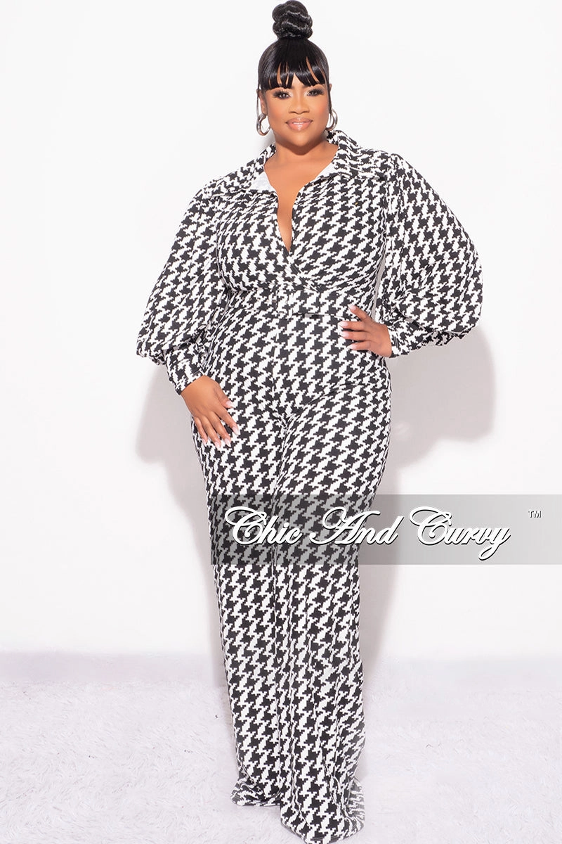 Final Sale Plus Size Jumpsuit in Black & Ivory Houndstooth Print Timeless Appeal