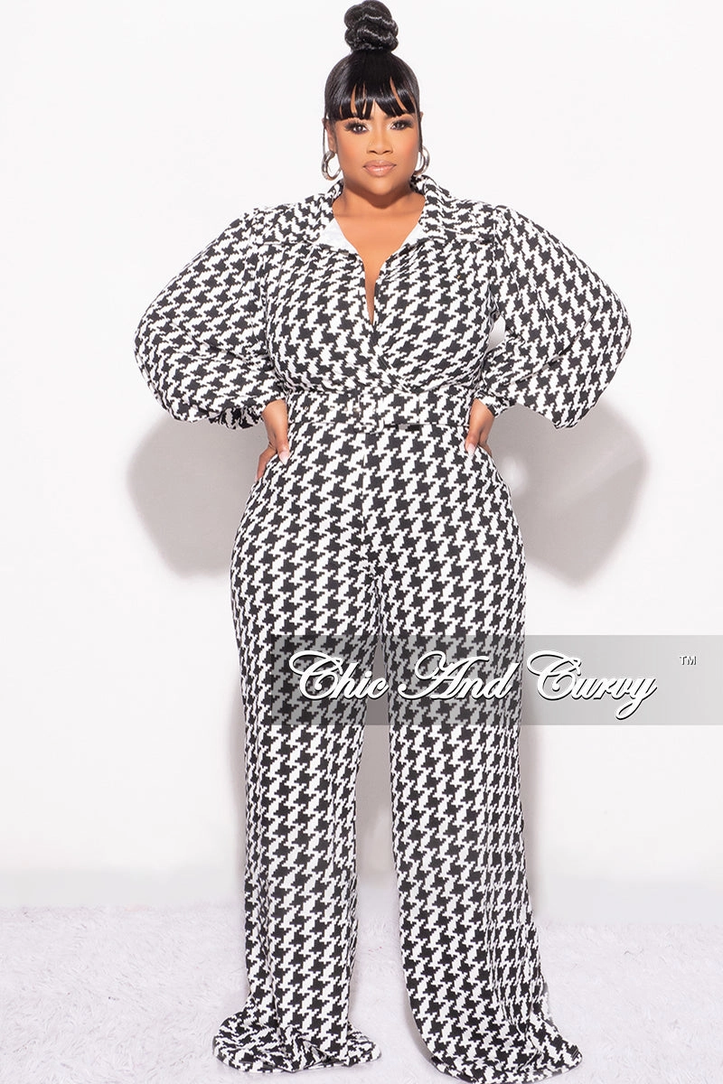 Final Sale Plus Size Jumpsuit in Black & Ivory Houndstooth Print High-rise waist