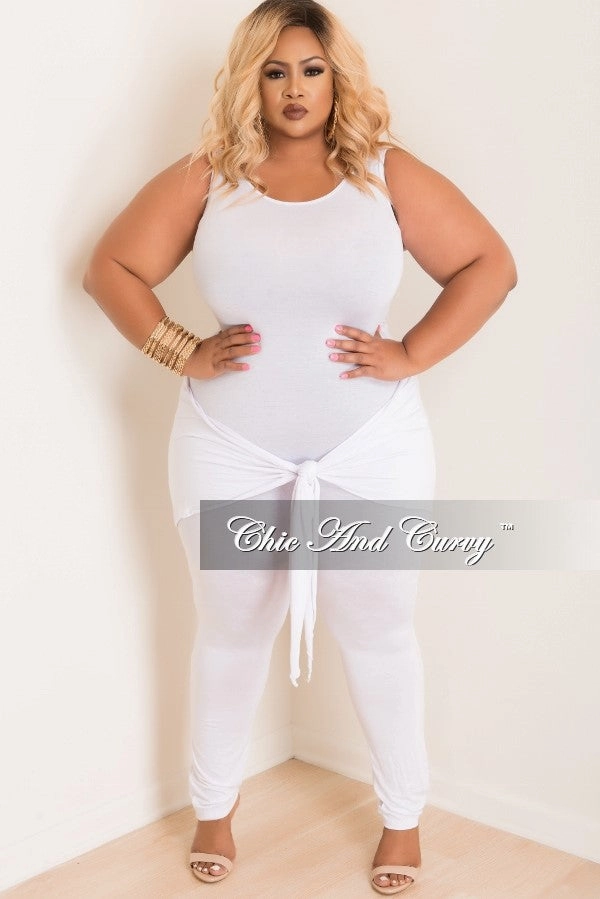 Final Sale Plus Size Jumpsuit with Attached Tie in White Essential Layer