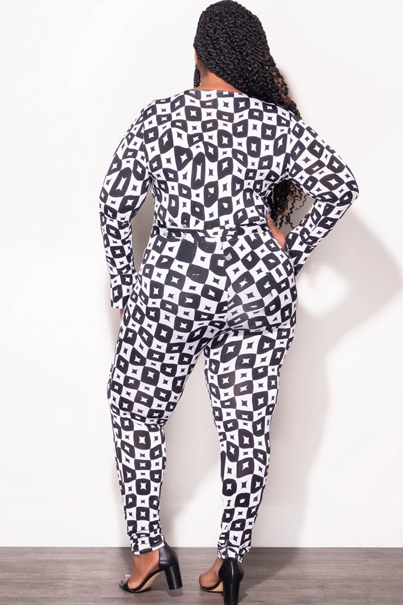 Perfect Fit ReinforcedBeltLoops Final Sale Plus Size Jumpsuit with Faux Wrap in Black & White Diamond Print