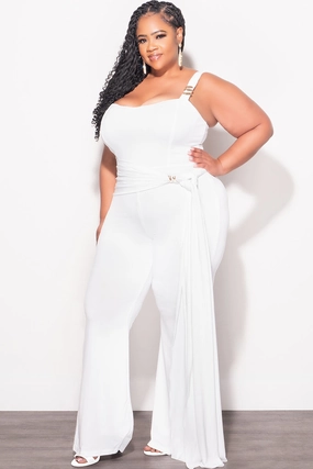 Final Sale Plus Size Jumpsuit with Gold Detail and a Sash in White Performance Fit