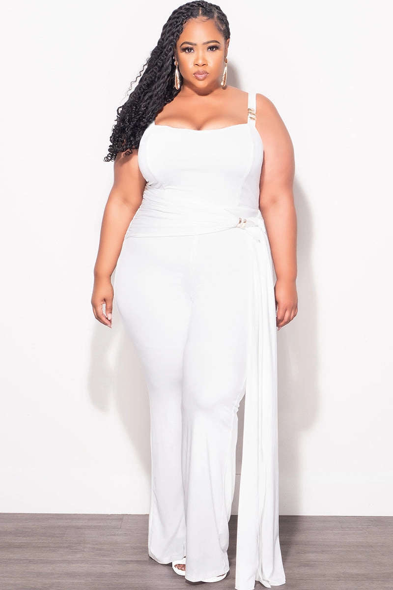 Final Sale Plus Size Jumpsuit with Gold Detail and a Sash in White No Wrinkle