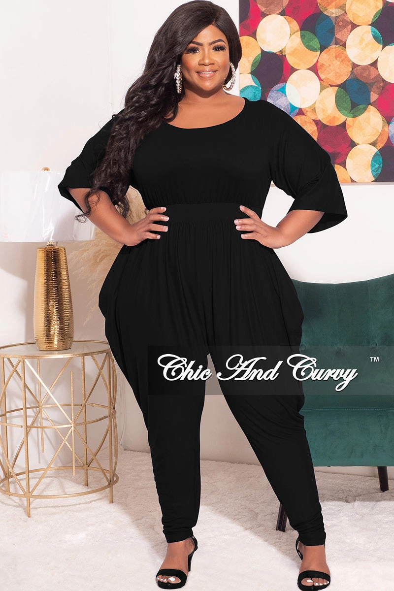 Ripstop Reinforcement AntiPillingFabric Final Sale Plus Size Jumpsuit with Harem Effect in Black