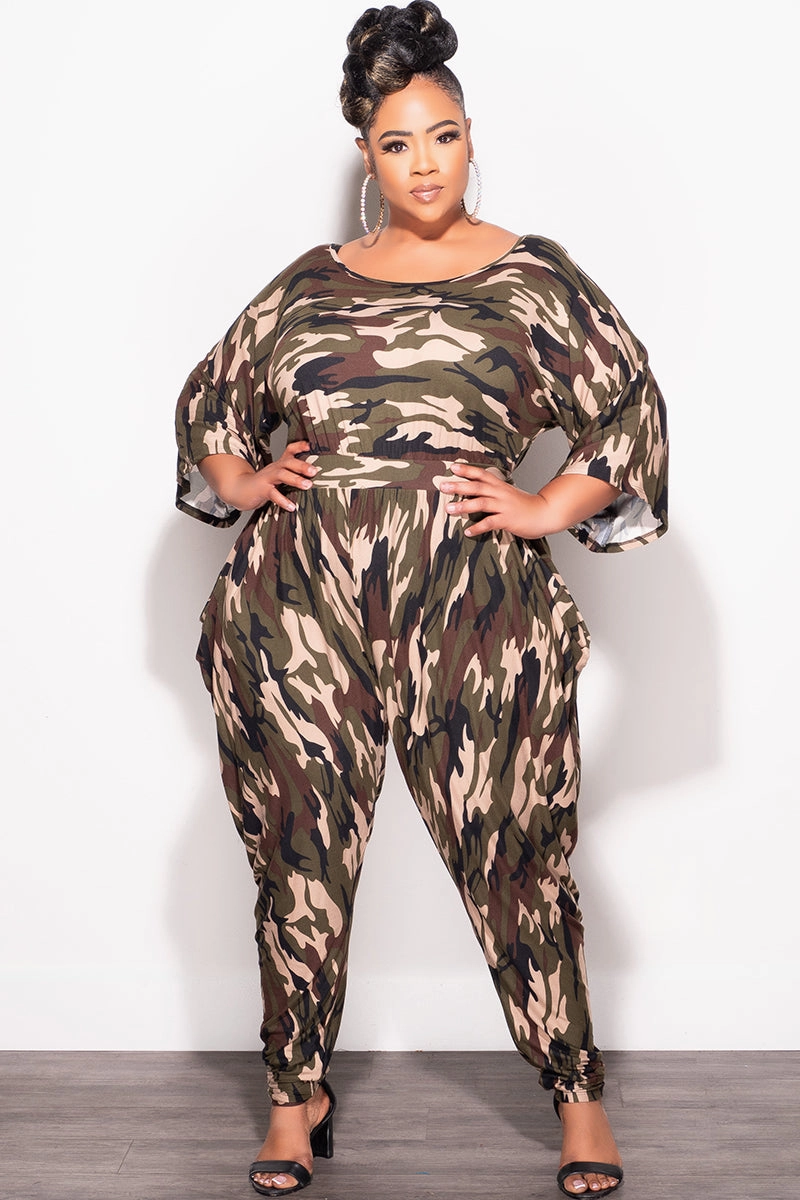 Final Sale Plus Size Jumpsuit with Harem Effect in Camo Print Adaptable Style