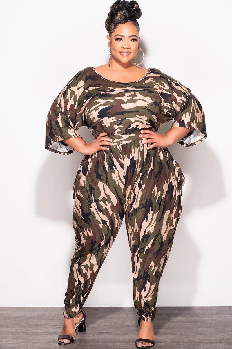 Cool Weather Urban Ready Final Sale Plus Size Jumpsuit with Harem Effect in Camo Print