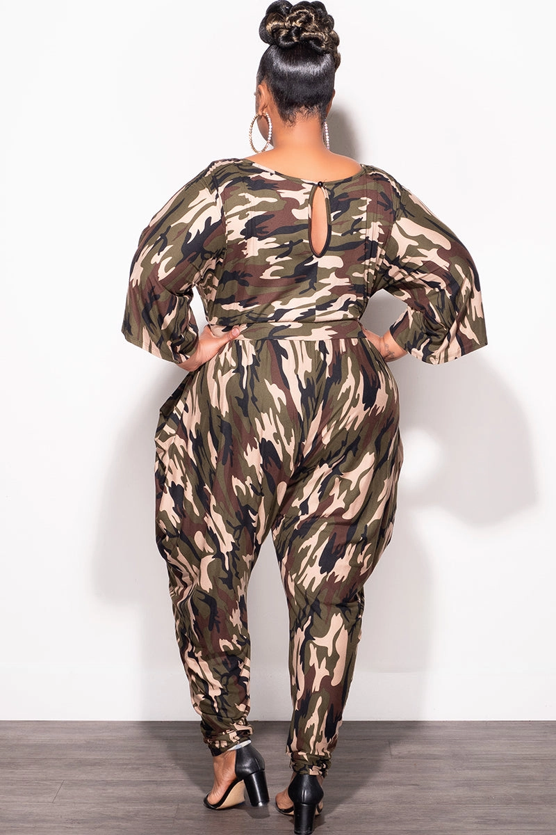 Soft Wear Distressed finish Final Sale Plus Size Jumpsuit with Harem Effect in Camo Print