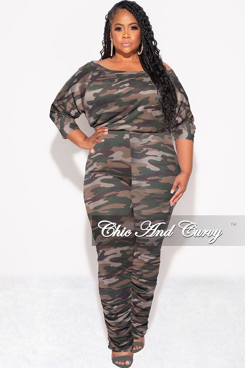 Final Sale Plus Size Jumpsuit with Ruched Legs in Camouflage WrinkleFreeFabric Low-rise style