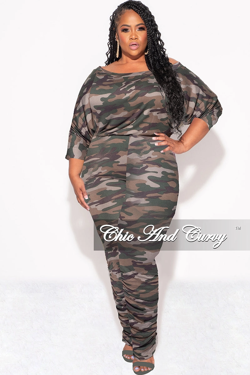 Secure Waistband Final Sale Plus Size Jumpsuit with Ruched Legs in Camouflage