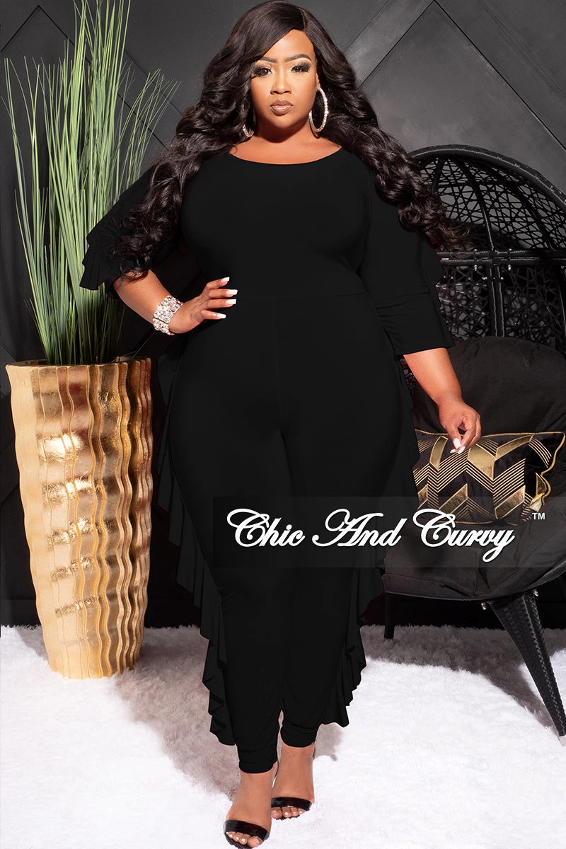 Final Sale Plus Size Jumpsuit with Ruffle Trim in Black Stretch Layer Fit Active Fit