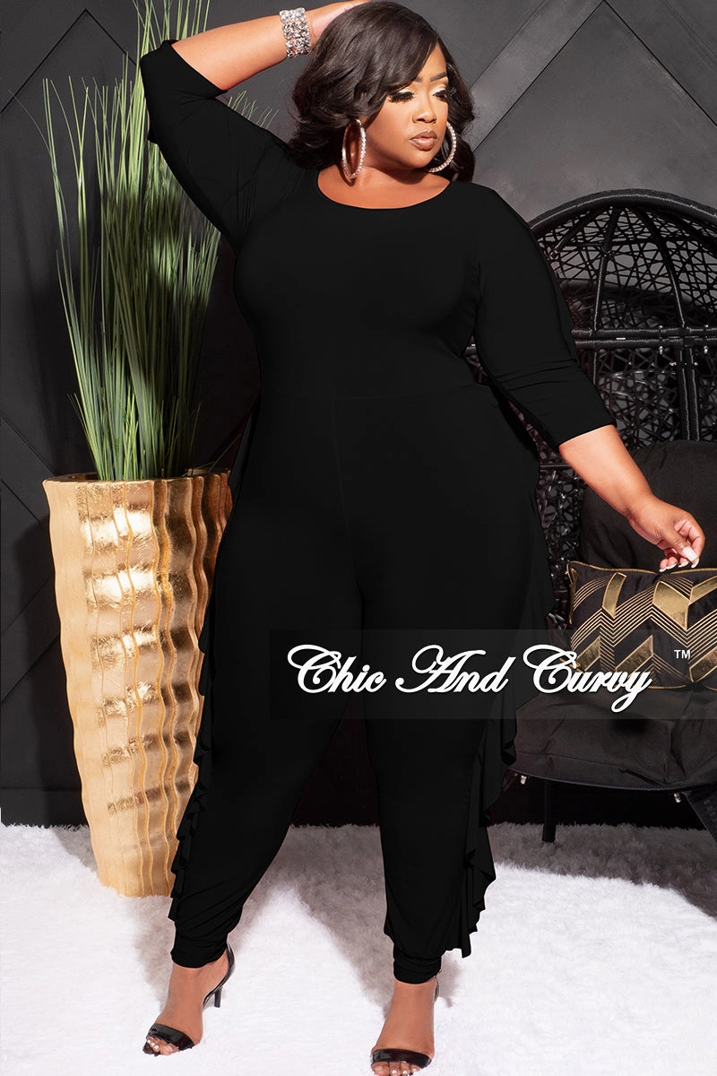 Final Sale Plus Size Jumpsuit with Ruffle Trim in Black Basic Style Street Ready