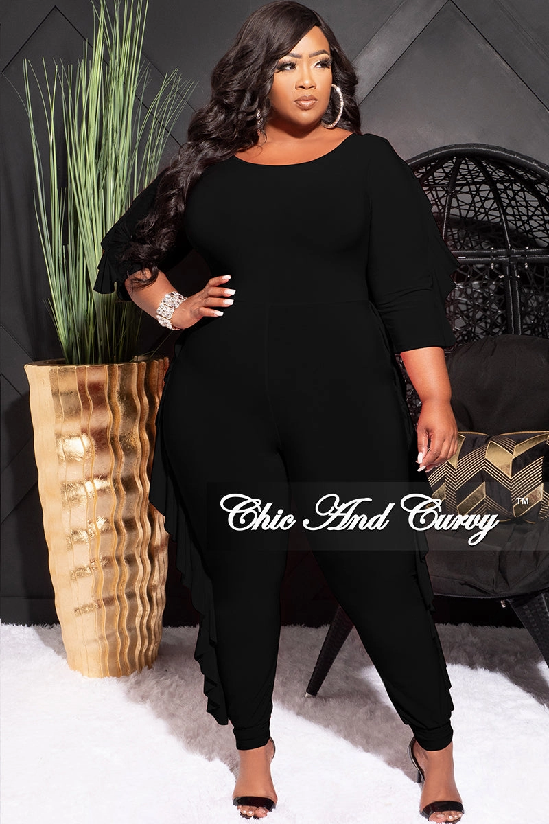 Final Sale Plus Size Jumpsuit with Ruffle Trim in Black Breathable Comfort Design Lounge-friendly