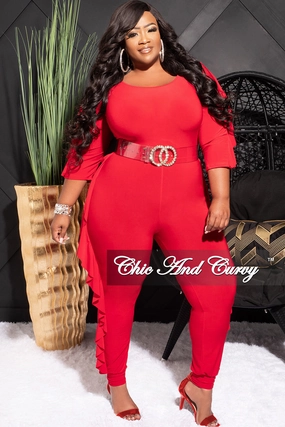 Final Sale Plus Size Jumpsuit with Ruffle Trim in Red Recyclable Fabric Blend