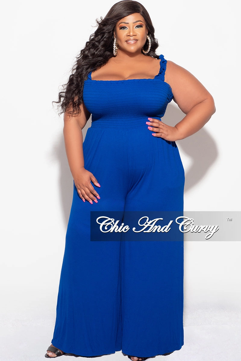 Final Sale Plus Size Jumpsuit with Smocking & Elastic Straps in Blue Sport Fit Fashionable Fit