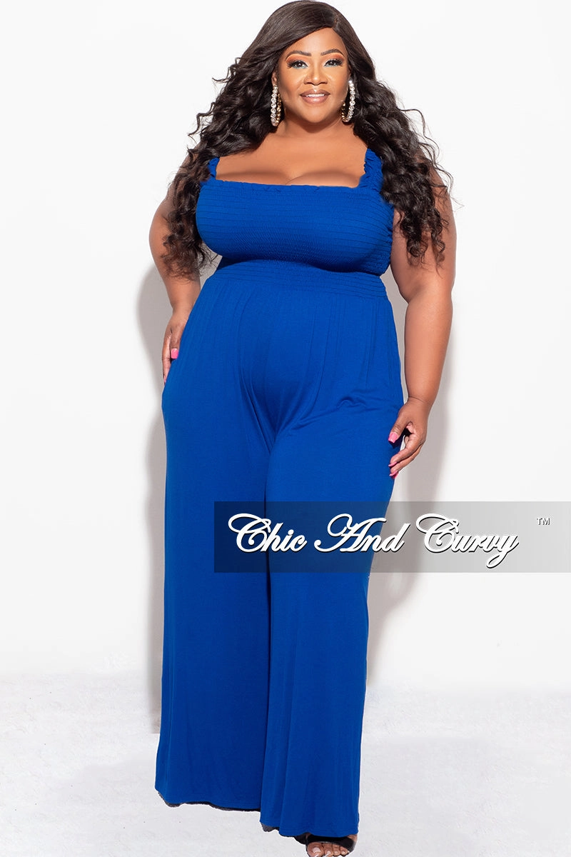Softened Hem Final Sale Plus Size Jumpsuit with Smocking & Elastic Straps in Blue