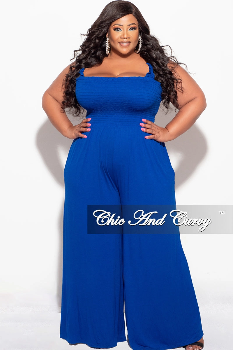 Comfy Wearable Luxe Look Final Sale Plus Size Jumpsuit with Smocking & Elastic Straps in Blue