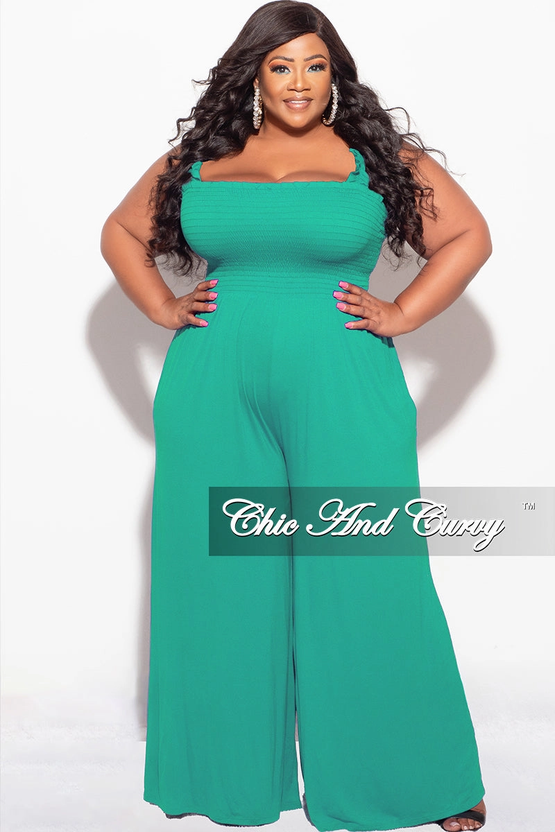 Final Sale Plus Size Jumpsuit with Smocking & Elastic Straps in Kelly Green Sporty Fit