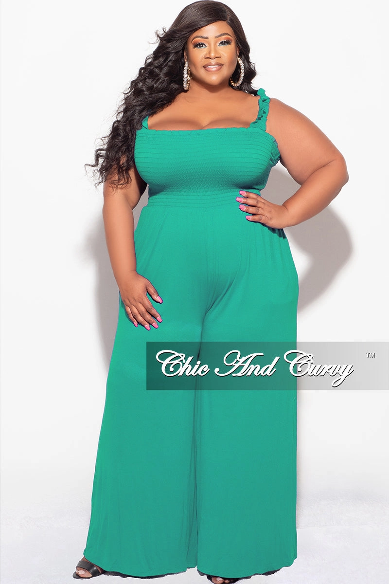 Printed design Breath Fit Final Sale Plus Size Jumpsuit with Smocking & Elastic Straps in Kelly Green