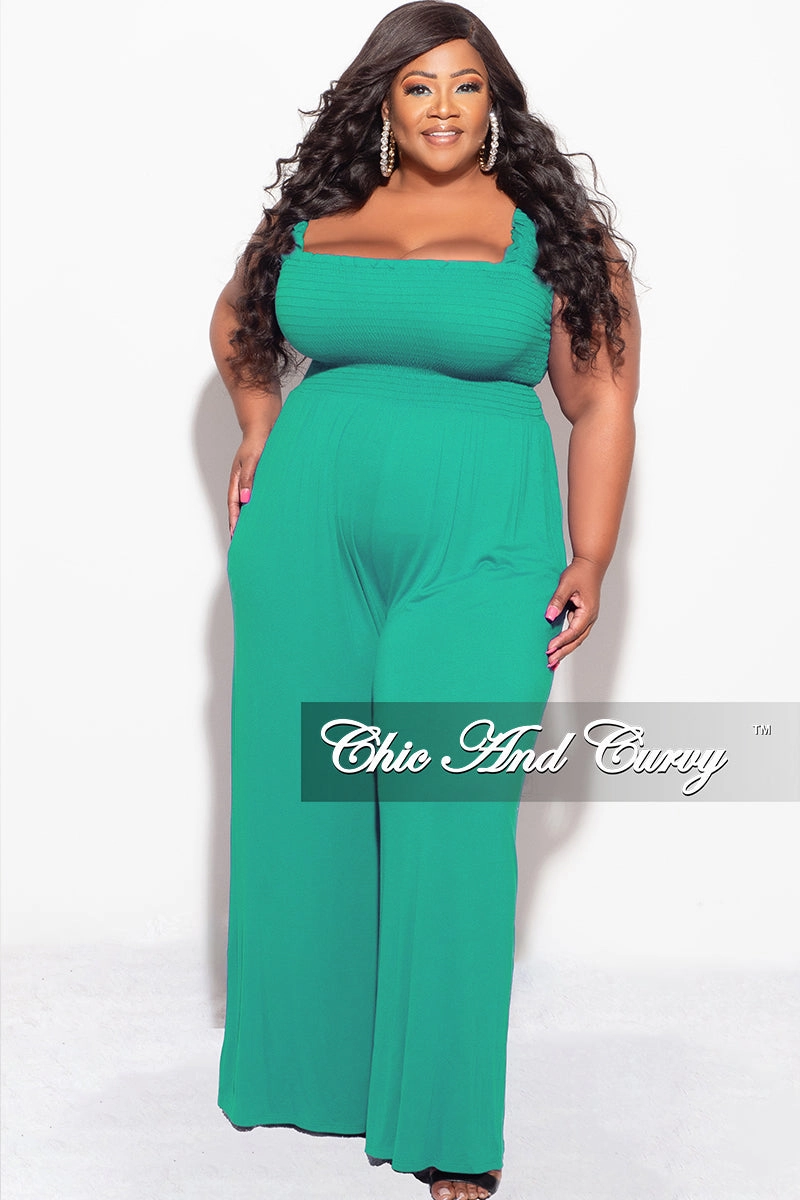 Final Sale Plus Size Jumpsuit with Smocking & Elastic Straps in Kelly Green Lightweight Feel Everyday Flex