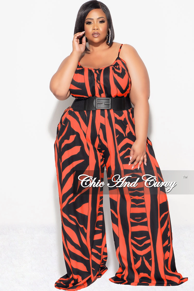 Final Sale Plus Size Jumpsuit with Spaghetti Straps & Ruffled Ankles in Black and Orange SeamlessPockets