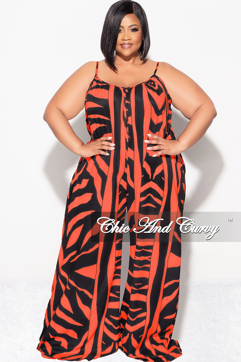 Sporty Comfort Wear HighWaistSupport Final Sale Plus Size Jumpsuit with Spaghetti Straps & Ruffled Ankles in Black and Orange