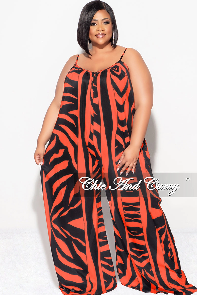 Compact Fit Cozy Comfort Final Sale Plus Size Jumpsuit with Spaghetti Straps & Ruffled Ankles in Black and Orange