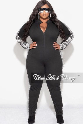 Final Sale Plus Size Knit Rib Zip Up Jumpsuit in Black with White and Black Design Print Active Flex Elastic waist