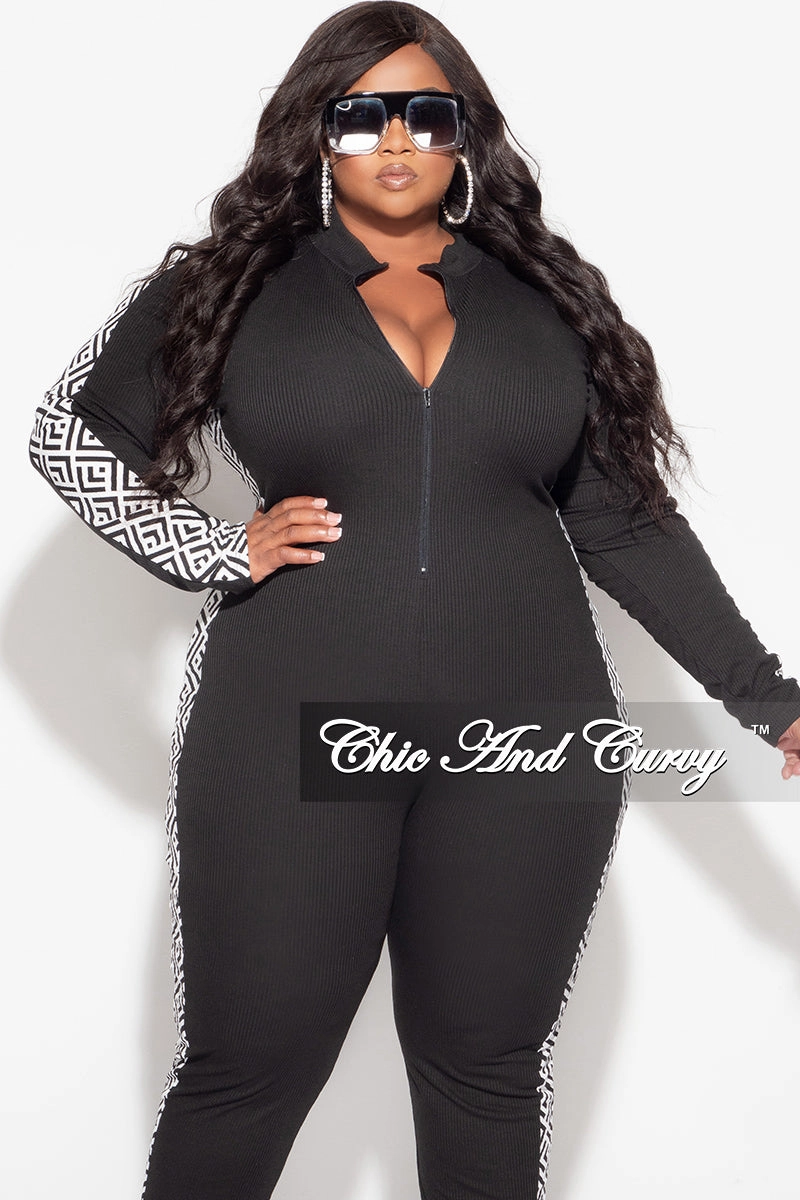 Cozy and Soft Non Tapered Leg Final Sale Plus Size Knit Rib Zip Up Jumpsuit in Black with White and Black Design Print